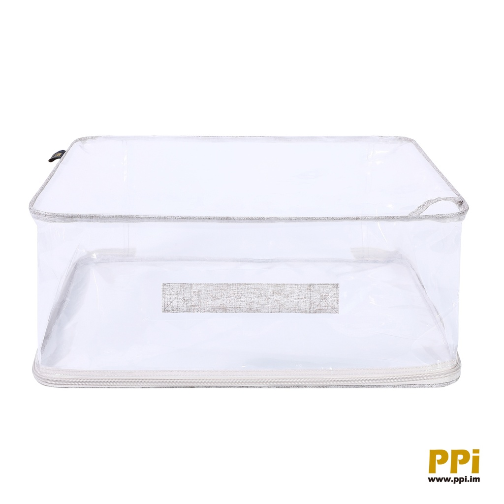recycled PEVA bag for comforter with recycled linen pattern non-woven trim/handle